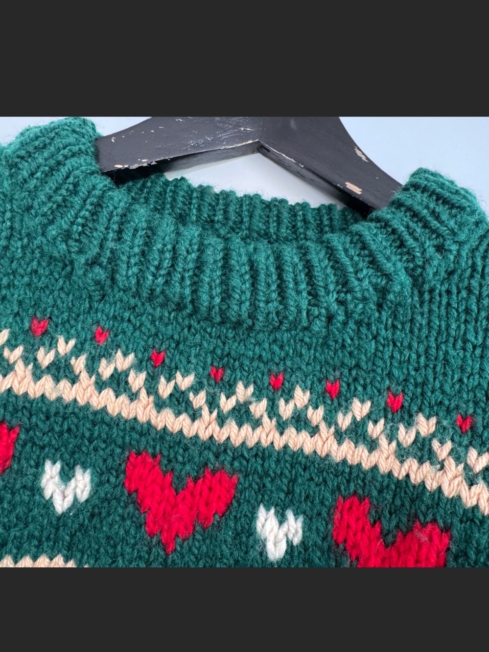 Vintage Hand Knit Duck Sweater Dark Green Chunky Heavyweight Fair Isle Hearts - Picture 15 of 15